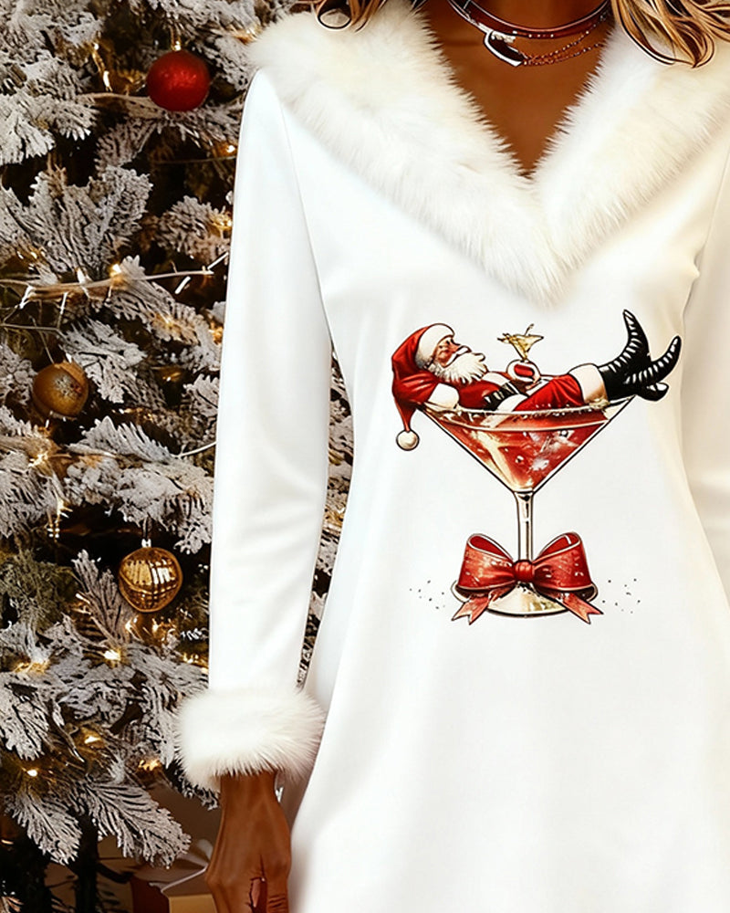 Chrissy | Christmas Print Fur Collar Dress